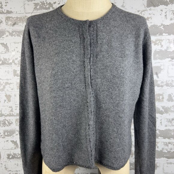 Gap Cardigan Sweater Women’s L Lambswool Blend Heather Gray Snap Beaded Cropped - Picture 2 of 15